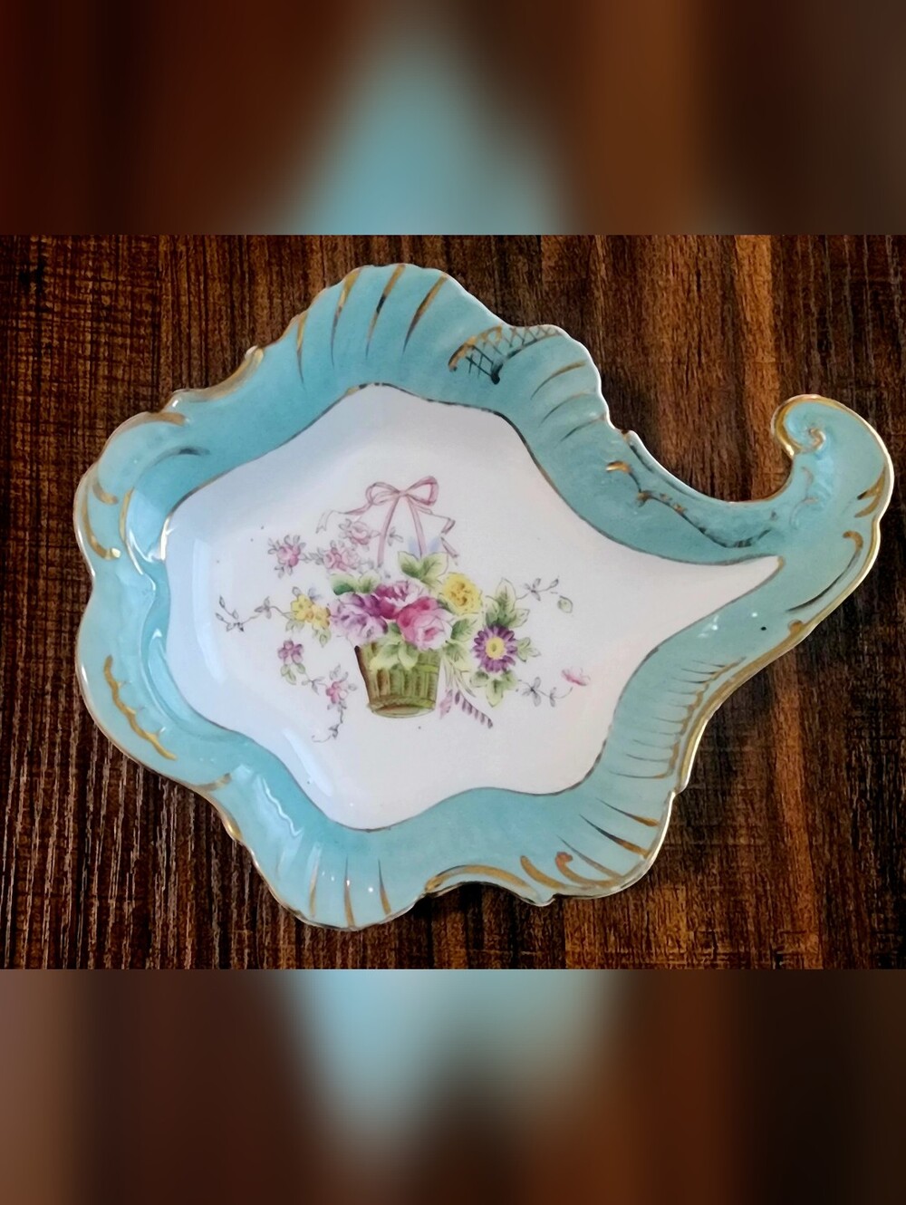 1940 Rocco Inspired Hand-Painted Floral Porcelain Dish in Aqua and Gold